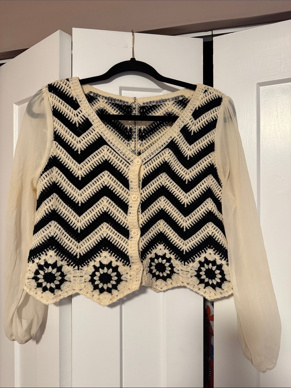 Crochet Chevron Cardigan/ Top with Sheer Sleeves - Black & Cream